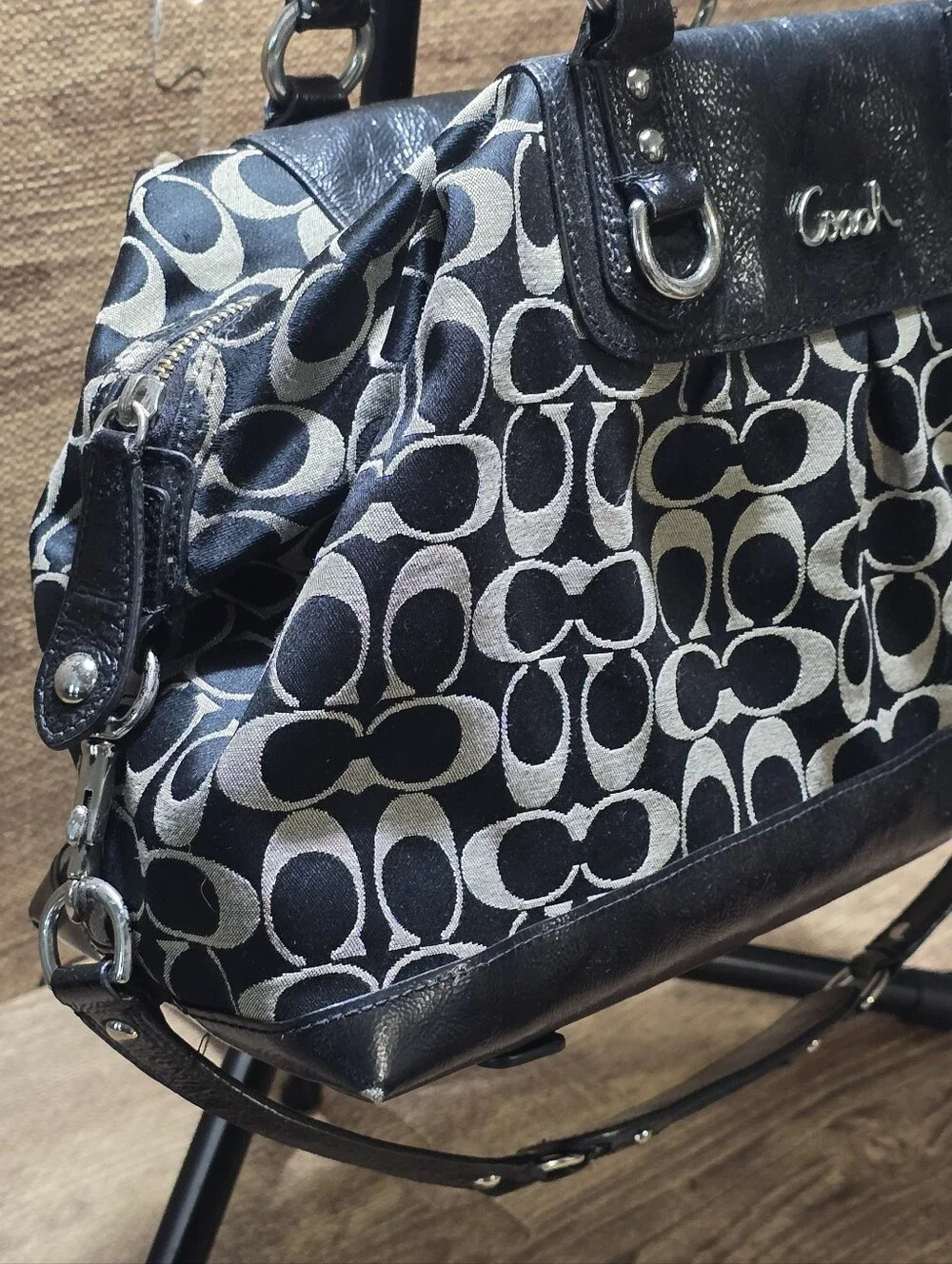 Coach Signature bag Monogram Black Leather Canvas Ashley F15440 Large Satchel